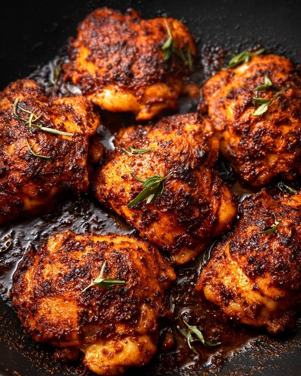 The image shows seven pieces of cooked chicken thighs in a pan. Each piece is golden brown with a dark, crispy crust from spices and cooking, giving a rough, textured look. The chicken pieces are close together, some with small green herb leaves on top for decoration. The pan has dark, oily spots around the chicken, showing it is hot and well-seasoned. Photo taken with an iphone --ar 4:5 --v 7