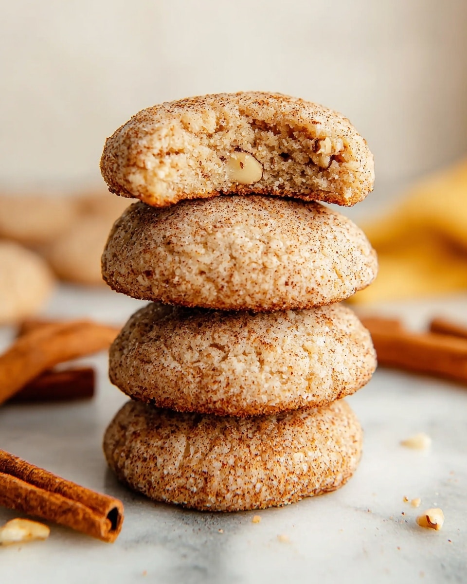 A stack of four round cookies with a rough, textured surface covered with specks of cinnamon and sugar, sitting on a white marbled surface. The cookies have a light brown color with darker brown edges, and the top cookie is broken in half, showing a dense, crumbly inside with chunks of nuts. In the background, there are blurred cinnamon sticks and more cookies arranged softly. The lighting is warm, highlighting the uneven, cozy texture of the cookies. photo taken with an iphone --ar 4:5 --v 7