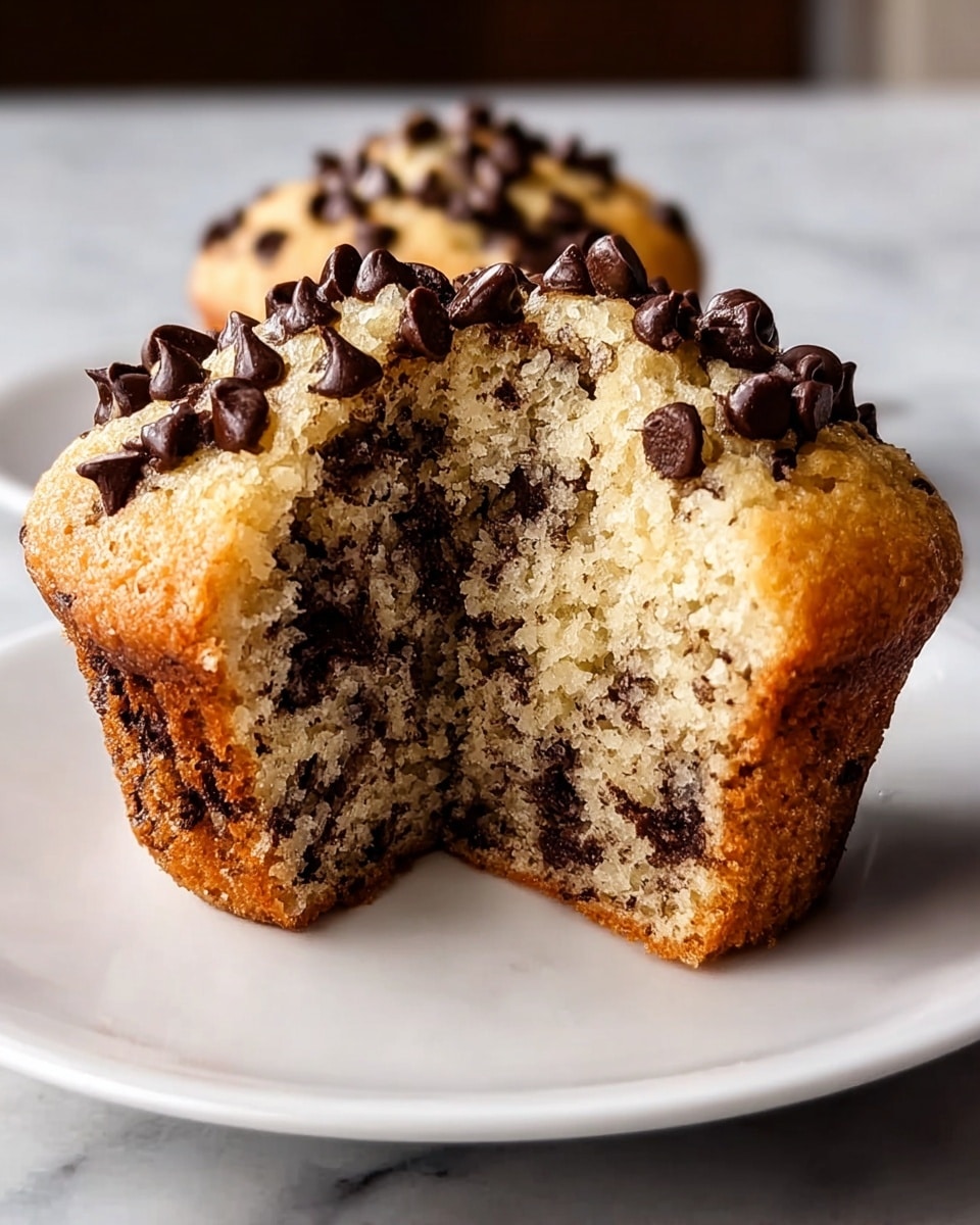 A chocolate chip muffin cut open in half sits on a white plate placed on a white marbled surface. The muffin has a golden brown exterior with a slight crumbly texture. Inside, the soft, light beige cake is speckled generously with small, dark chocolate chips. The top of the muffin is studded with several shiny, dark chocolate chips, giving it a textured and slightly glossy look. The muffin's interior shows a moist and fluffy texture with chocolate chips scattered throughout the layers, creating a rich contrast with the pale cake. photo taken with an iphone --ar 4:5 --v 7