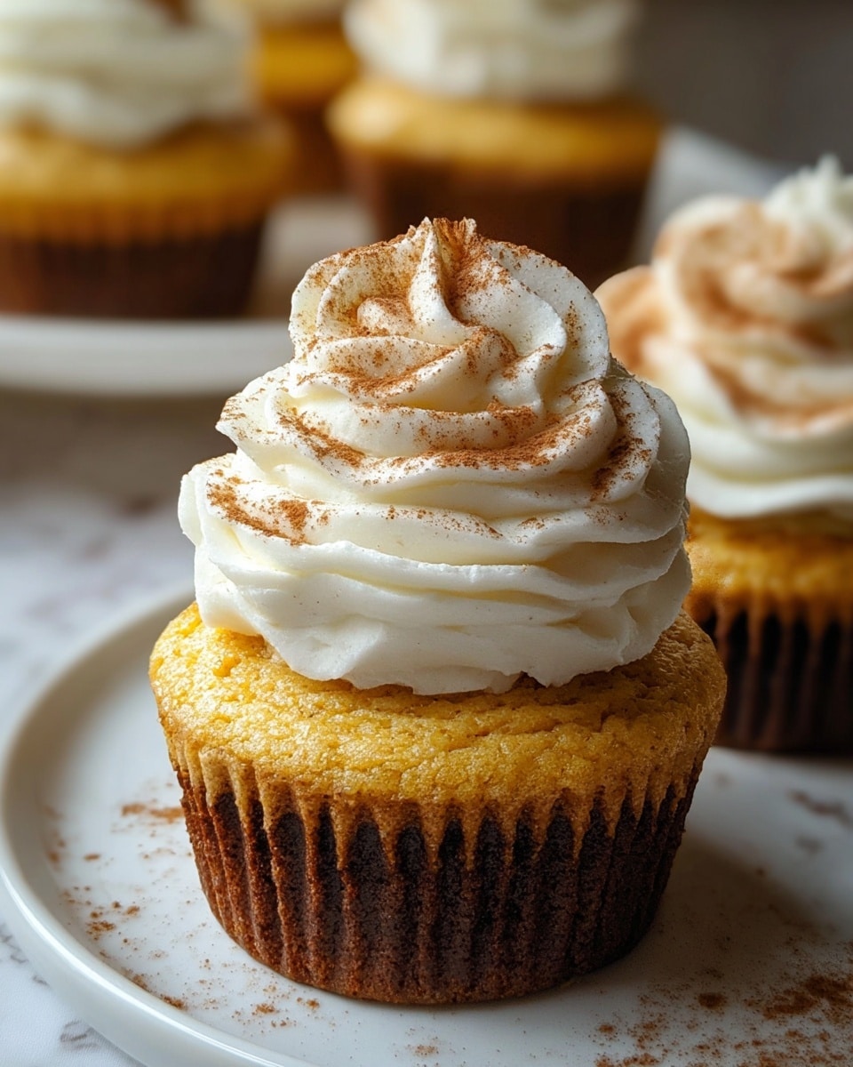 A close-up of a cupcake with three clear layers: a dark brown bottom crust, a light yellow middle cake layer with a soft, slightly crumbly texture, and a thick swirl of white cream frosting on top, dusted with fine brown cinnamon powder. The cupcake sits on a white plate with a few specks of cinnamon around it, set on a white marbled surface. In the background, more cupcakes with the same layers and frosting are softly blurred. photo taken with an iphone --ar 4:5 --v 7