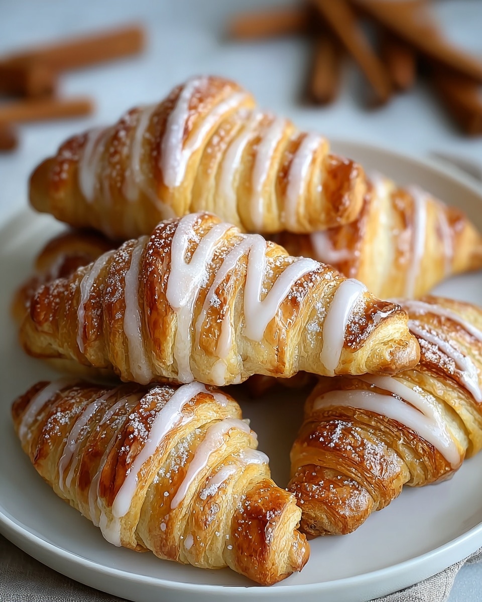 Four croissants sit close together on a white plate placed on a white marbled surface; each croissant has a shiny, golden-brown, flaky outer layer showing many crisp folds and layers, with a light drizzle of white icing across the top and a sprinkle of powdered sugar adding a soft white dusting on the surface. The croissants are arranged in a casual pile with some overlapping, highlighting their twisted, curved shapes and flaky texture. The background has a soft, blurred look with warm brown cinnamon sticks visible. photo taken with an iphone --ar 4:5 --v 7
