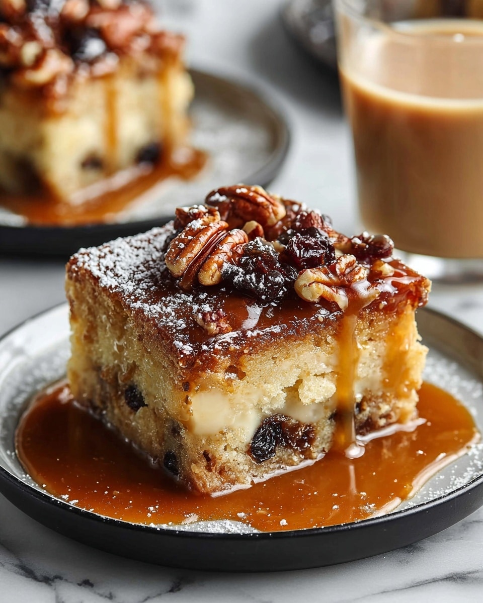 A square piece of cake sits on a white plate with a black rim, showing three distinct layers: a light golden-brown cake layer on top sprinkled with powdered sugar, a middle creamy layer with dark raisins embedded inside, and a moist cake base soaked in glossy caramel sauce that pools around the slice. The top is decorated with glossy, toasted pecans and more raisins, with caramel sauce dripping down the sides. In the blurred background, another slice on a similar plate and a glass of light brown drink are visible, all placed on a white marbled surface. Photo taken with an iphone --ar 4:5 --v 7