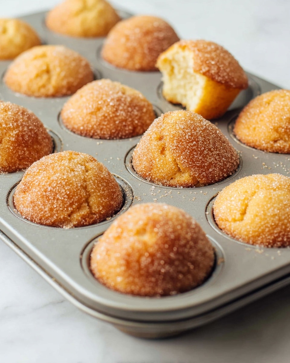 The image shows a grey metal muffin tray filled with 12 round baked goods, each with a golden-brown top covered in a light layer of sugar crystals giving a slightly grainy texture. The muffins are dome-shaped with a soft, slightly rough surface and appear moist inside, as one muffin is tilted showing its light, airy, pale yellow interior. The tray is placed on a white marbled surface. photo taken with an iphone --ar 4:5 --v 7