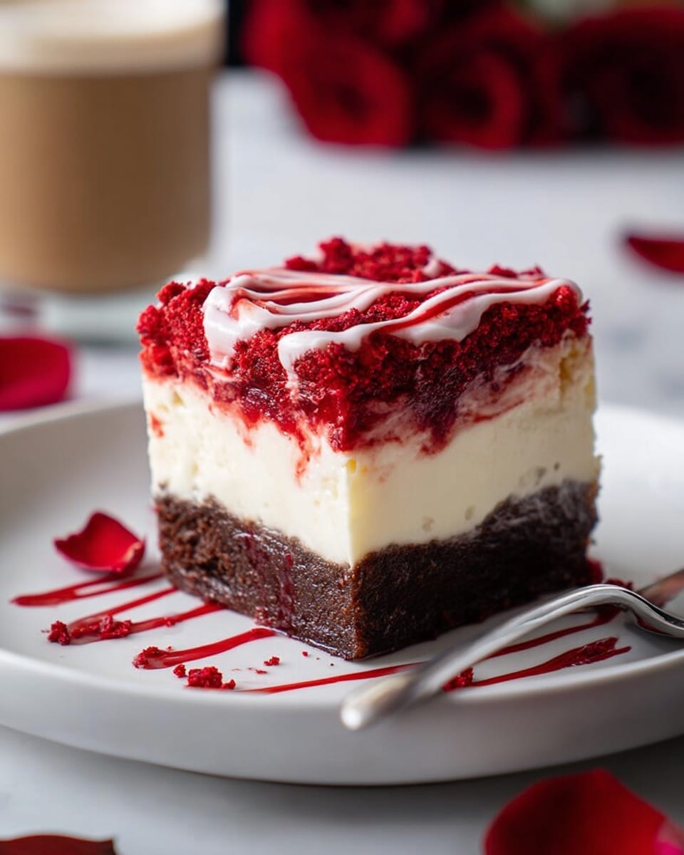 The image shows a square piece of dessert with three clear layers on a white plate. The bottom layer is dark brown, dense, and looks like moist cake. The middle layer is thick, creamy, and white, appearing smooth and rich. The top layer is bright red with a crumbly texture, topped with a light white cream that has thin red syrup lines drizzled over it. The white marbled texture surface is scattered with red rose petals and a silver spoon rests near the dessert. In the background, there is a blurred glass with a creamy drink and a woman's hand holding a rose petal. photo taken with an iphone --ar 4:5 --v 7