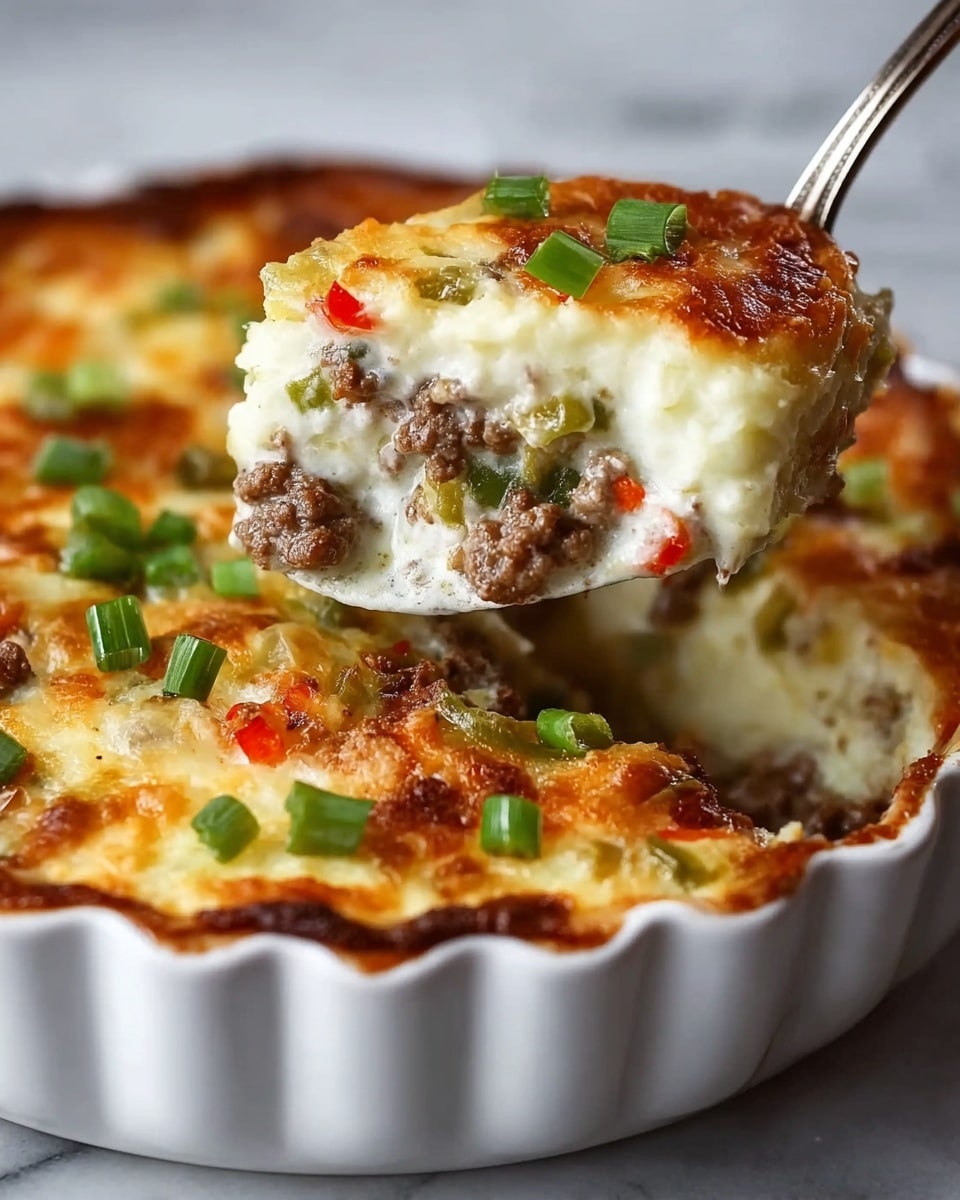 The image shows a thick, creamy casserole layered in a white round dish with scalloped edges. The dish has a browned, golden top layer of melted cheese, slightly crispy around the edges. Beneath this top layer are chunks of cooked ground meat mixed with small pieces of green and red peppers, richly blended into a smooth, white creamy sauce. Bright green chopped scallions sprinkle the top, adding a fresh touch of color. A silver spoon lifts a large scoop of the casserole, showing all the layers clearly against a white marbled surface. The slice reveals a creamy texture with a mix of colors from the meat and peppers evenly spread through the white sauce. Photo taken with an iphone --ar 4:5 --v 7