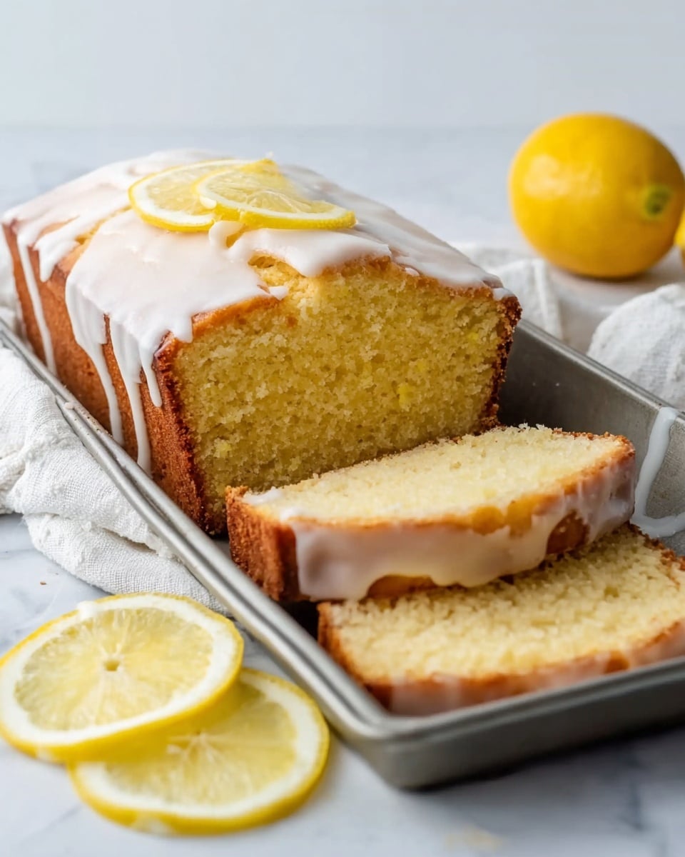 The image shows a loaf of lemon cake sitting in a silver metal baking pan on a white marbled surface. The cake has a golden brown crust on the outside with a moist, pale yellow inside. Two thick slices are cut and laid partly out of the pan, showing the soft texture and even crumb inside. The top of the cake is covered with white icing that drips down the sides unevenly. In the foreground, there are three lemon slices placed next to the pan, and in the background, a whole yellow lemon is visible. The scene looks bright and fresh, with a white cloth partially under the pan. photo taken with an iphone --ar 4:5 --v 7