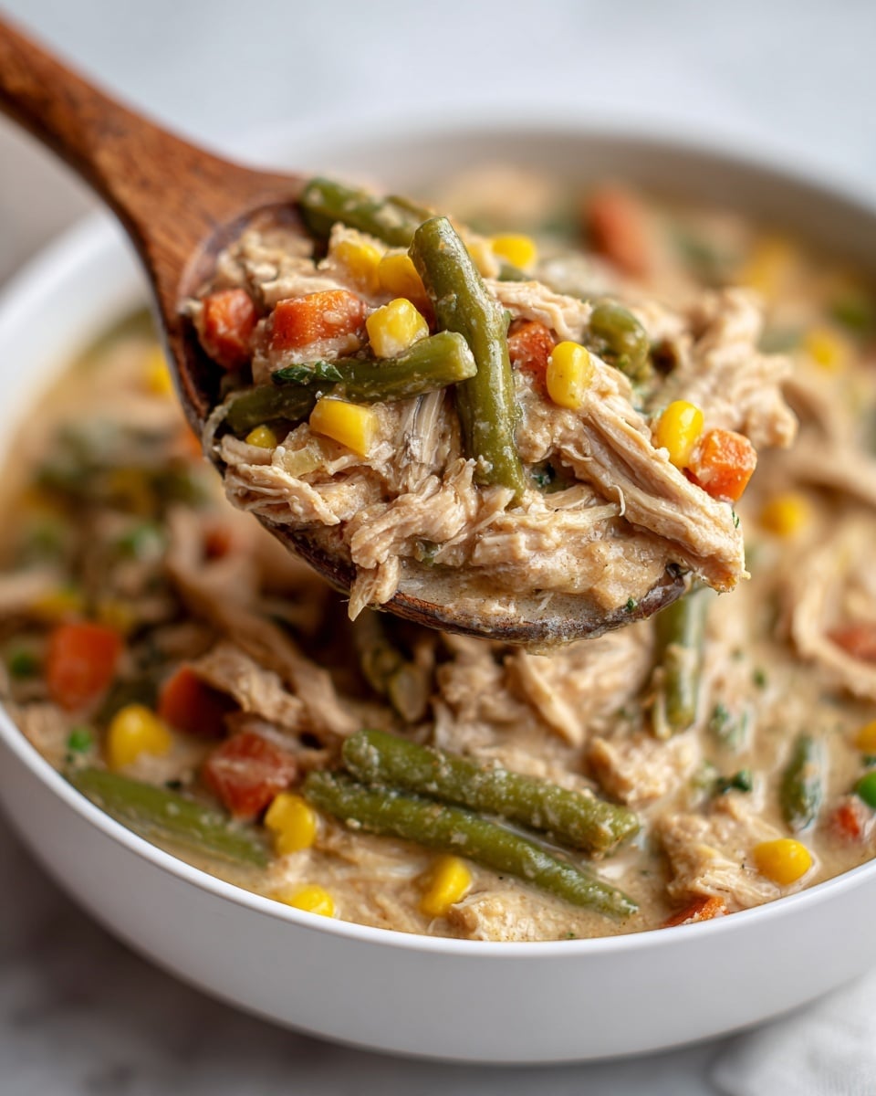 A close-up of a thick chicken stew in a white bowl with shredded chicken, green beans, peas, corn, and diced carrots, all coated in a creamy light brown sauce. A wooden spoon scoops up a large portion of the stew, showing the textured mix of shredded chicken pieces and colorful vegetables clearly. The background is a white marbled texture, adding brightness to the image. photo taken with an iphone --ar 4:5 --v 7