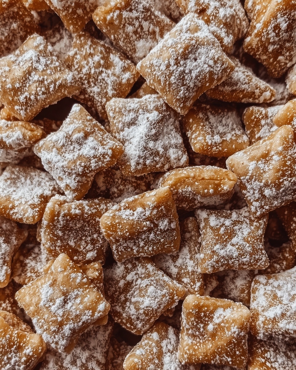 A close-up view of many small, square-shaped snack pieces covered in a light layer of powdered sugar. Each piece has a bumpy texture and a mix of golden brown and light tan colors beneath the white sugar dusting, showing their crispy and slightly rough surface. The pieces are piled together tightly, filling the frame with their uneven shapes and surfaces. photo taken with an iphone --ar 4:5 --v 7