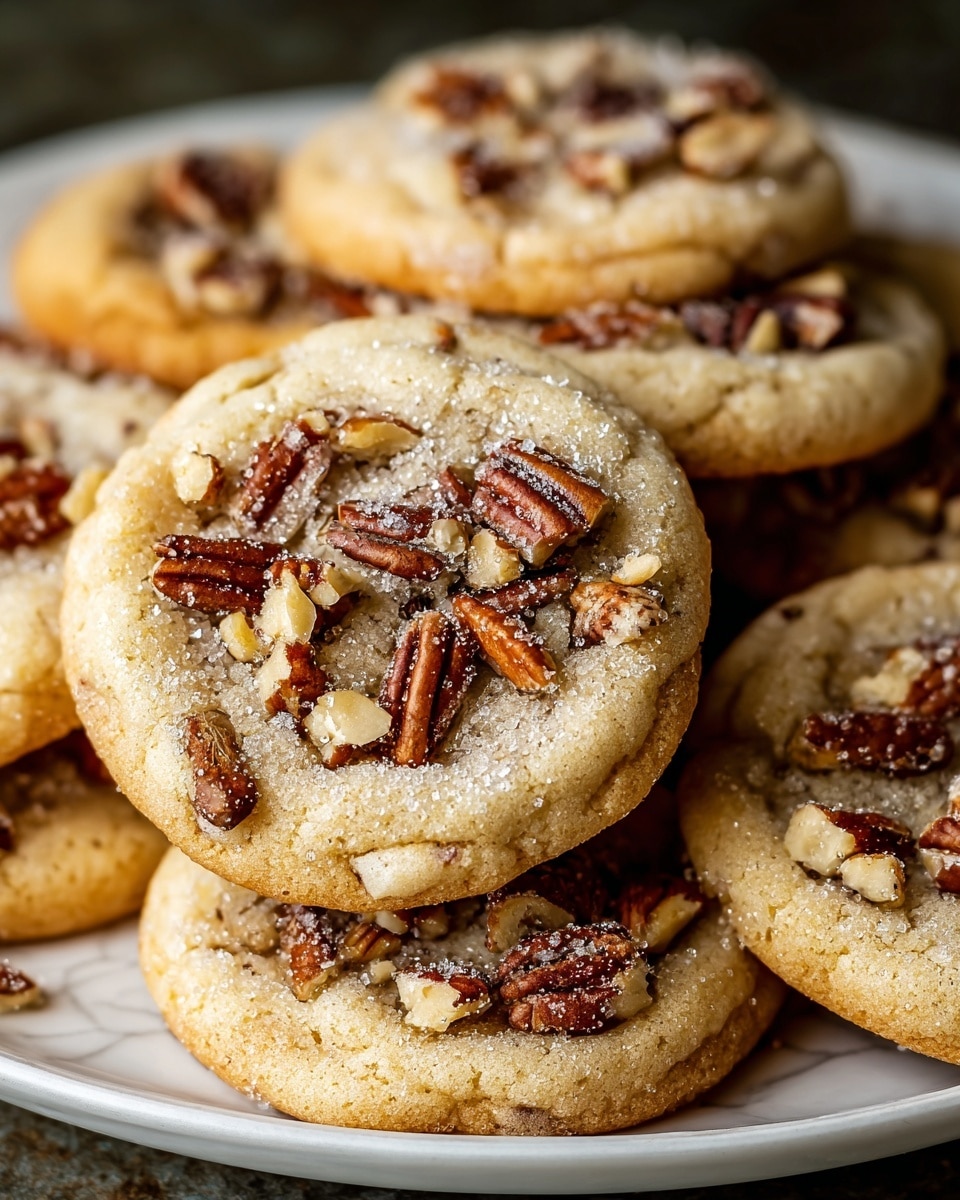 A close-up of a stack of soft, round cookies with a light golden brown color, each topped with roughly chopped pecan pieces that add a mix of dark and light brown shades and a crunchy texture. The cookies have a slightly cracked surface, showing their chewy center, and a light dusting of sugar that sparkles subtly. They rest on a white round plate, set against a white marbled background. The cookies are layered unevenly, with some overlapping and slightly tilted, giving a warm, homemade feel. Photo taken with an iphone --ar 4:5 --v 7