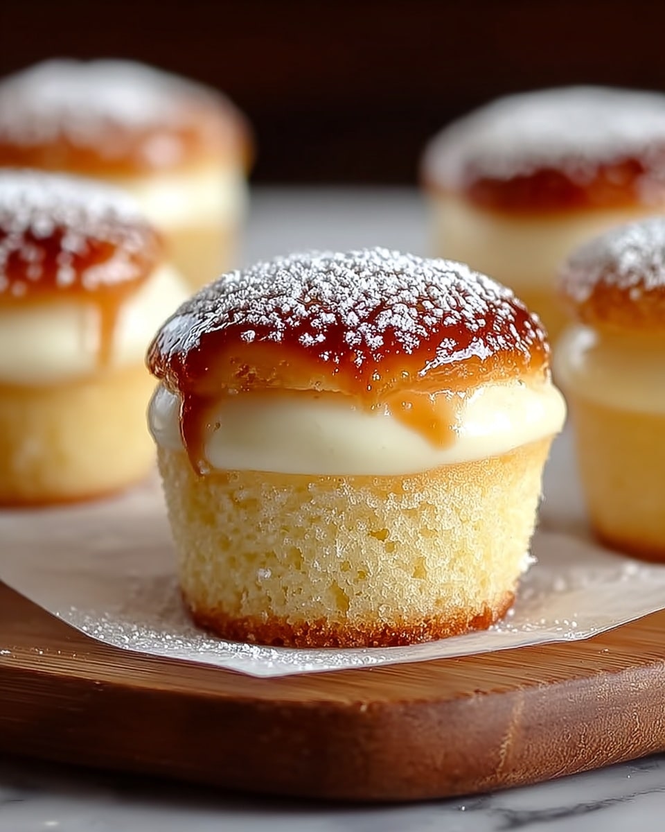 The image shows a close-up of a small cupcake with three visible layers: the bottom layer is a soft, light golden sponge cake with a moist texture, the middle layer is a smooth, creamy white custard filling, and the top layer is a shiny, caramelized brown glaze with a glossy finish. The cupcake is dusted lightly with white powdered sugar. In the background, there are three more similar cupcakes slightly out of focus, all resting on white parchment paper placed on a wooden board, with a white marbled texture surface visible beneath. photo taken with an iphone --ar 4:5 --v 7