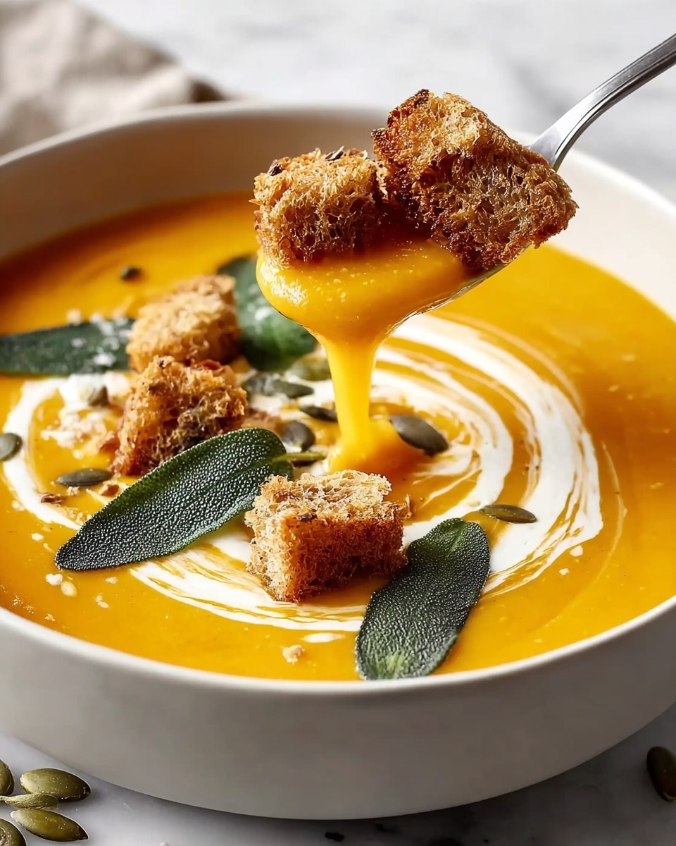 A bowl of smooth, bright orange pumpkin soup swirled with a white cream spiral on top. The soup is garnished with several dark green sage leaves and crunchy, golden-brown croutons scattered across the surface. A spoon lifts some soup with two croutons and a sage leaf, showing the thick texture of the soup and the crispiness of the bread on top. The bowl is white, sitting on a white marbled surface with a few pumpkin seeds nearby. photo taken with an iphone --ar 4:5 --v 7