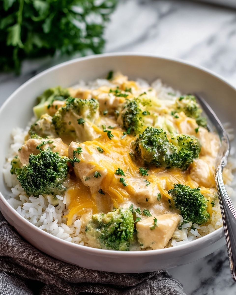 A white shallow bowl holds a dish layered with white rice at the bottom, topped with bright green broccoli florets and creamy chunks of chicken covered in a rich, light-colored sauce. Golden melted cheddar cheese strands are sprinkled on the surface, adding a warm, glossy texture. Chopped green herbs are scattered across the top for a fresh touch. A silver fork rests inside the bowl on the right side. The bowl sits on a soft grey cloth, with a blurred green plant in the background on a white marbled surface. Photo taken with an iphone --ar 4:5 --v 7