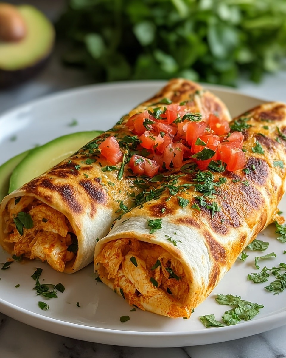 Two grilled burritos lie side by side on a white plate, each wrapped in a soft flour tortilla with a slightly toasted orange and brown surface. Inside, there are visible chunks of creamy orange chicken mixed with fresh green spinach leaves, and the filling looks rich and well-coated in sauce. The top burrito is garnished with chopped green herbs and a small slice of red tomato. The background is a white marbled texture with some fresh leafy greens blurred out, and a slice of green avocado rests near the plate's edge. photo taken with an iphone --ar 4:5 --v 7