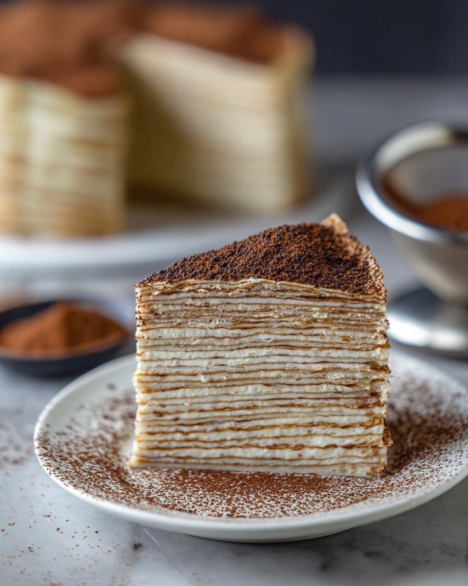 A close-up view of a slice of layered crepe cake placed on a white plate, showing about 20 thin layers alternating light cream and slightly darker crepe layers, dusted evenly with cocoa powder on top and around the plate, sitting on a white marbled surface; in the background, another slice of the same cake is placed on a white plate, slightly out of focus, along with a metal strainer containing cocoa powder. Photo taken with an iphone --ar 4:5 --v 7