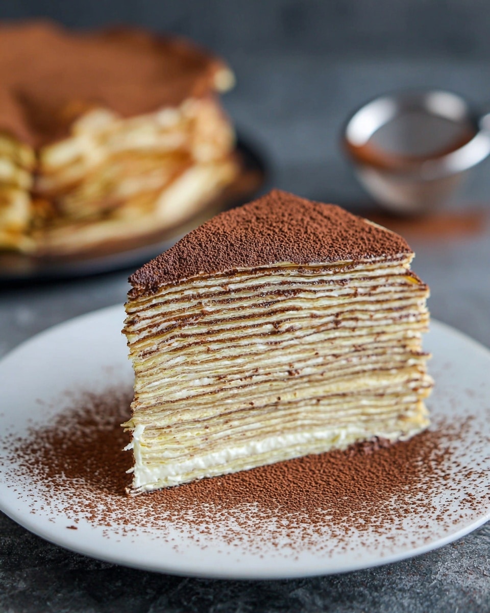 A slice of crepe cake with many thin layers stacked evenly, each layer showing light yellow crepes separated by white cream, topped with a fine dusting of cocoa powder that covers the top and lightly spills onto the white plate beneath. The background is a white marbled texture, with a blurred whole crepe cake and a metal sieve also dusted with cocoa powder visible in the distance. photo taken with an iphone --ar 4:5 --v 7