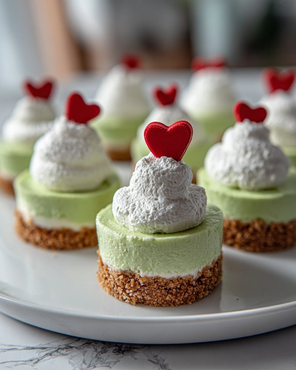 The image shows small round desserts placed on a white plate with a white marbled surface beneath. Each dessert has three layers: a bottom layer of crumbly light brown crust, a thick middle layer of smooth light green cream, and a top layer of fluffy white whipped cream. On the whipped cream of some desserts, there is a small red heart-shaped decoration. The desserts are arranged mostly in the background but one in the front is in clear focus, showing all the layers and textures in detail. Photo taken with an iphone --ar 4:5 --v 7