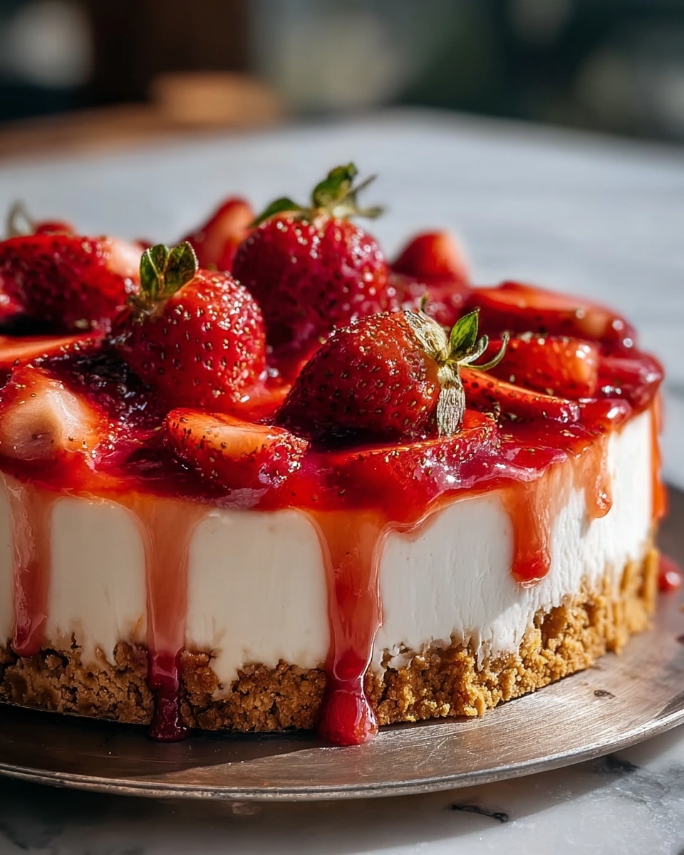The image shows a cheesecake with three visible layers sitting on a metal tray. The bottom layer is a thick, crumbly, golden brown crust. The middle layer is a thick, smooth, creamy white cheese filling. The top layer consists of shiny red strawberry slices and whole strawberries with green leaves, covered with a glossy, dripping red strawberry sauce that flows down the sides of the cheesecake. The scene is set on a white marbled texture background with soft natural light shining from the side, highlighting the textures and colors. Photo taken with an iphone --ar 4:5 --v 7
