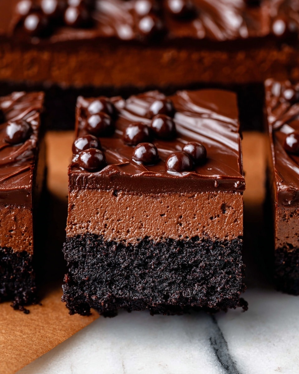 A close-up of a rich chocolate dessert bar showing three distinct layers: a dark, crumbly bottom base, a middle layer of dense, slightly lighter brown chocolate cake, and a top layer of smooth, thick chocolate ganache that is glossy and swirled. The top is decorated with small, round, shiny chocolate balls scattered across the surface. The bars are arranged on a white marbled surface, with one bar placed upright to clearly show the layers and texture. Photo taken with an iphone --ar 4:5 --v 7