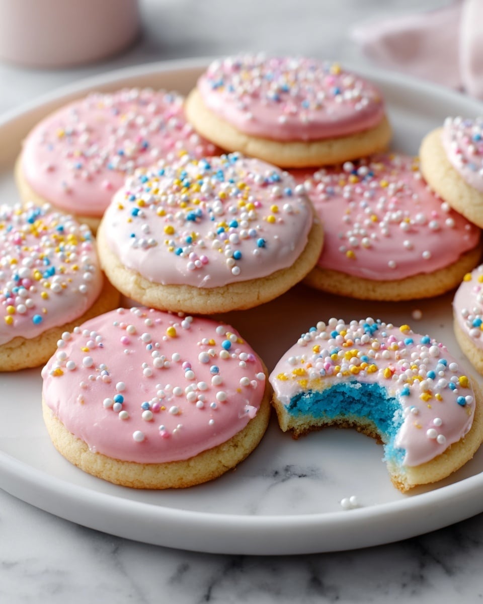 A white plate holds nine round cookies arranged in a 3x3 grid on a white marbled surface. Each cookie has two layers: a smooth, light pink icing on top covered with small round sprinkles in white, blue, yellow, and pink, and a slightly thicker white base below. One of the cookies in the middle row is bitten, revealing a bright blue, soft, and moist interior. The cookies have a soft, frosted texture with a subtle shine on the pink icing. photo taken with an iphone --ar 4:5 --v 7