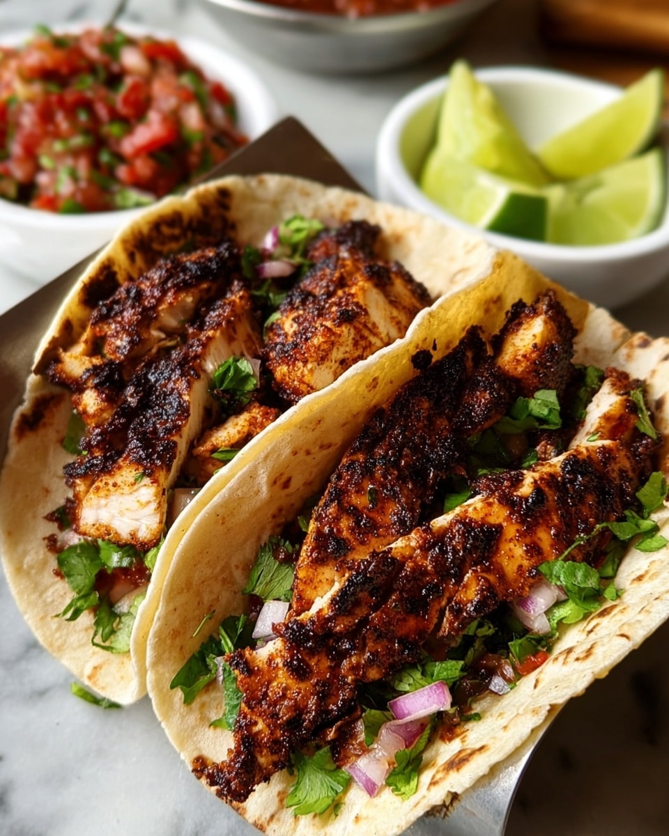 A close-up view of a taco with two main layers: the base is a soft, light tan tortilla holding a small layer of chopped green cilantro and bits of red onion, topped with thick, grilled chicken strips that are dark brown with crispy, charred edges. The taco sits in a shiny metal taco holder on a white marbled surface. In the background, there are fresh lime wedges on the right and a white bowl filled with red and green salsa on the left. Photo taken with an iphone --ar 4:5 --v 7