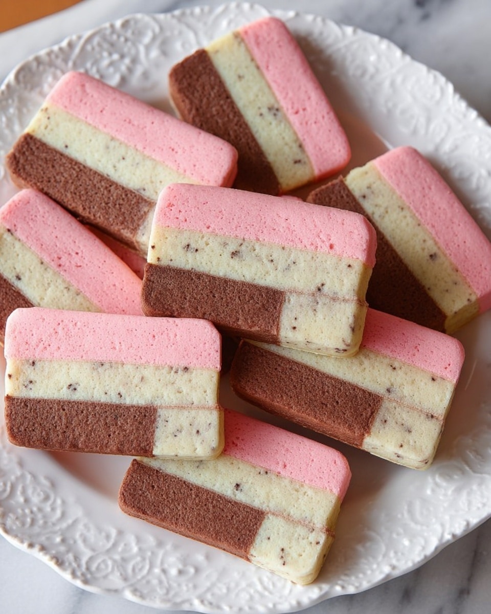 The image shows neatly stacked rectangular layered cookies with three distinct horizontal layers. The top layer is soft pink with a smooth texture, the middle layer is creamy white with small green specks, and the bottom layer is chocolate brown with a slightly rough texture. The cookies are placed inside a white container on a white marbled surface. Photo taken with an iphone --ar 4:5 --v 7