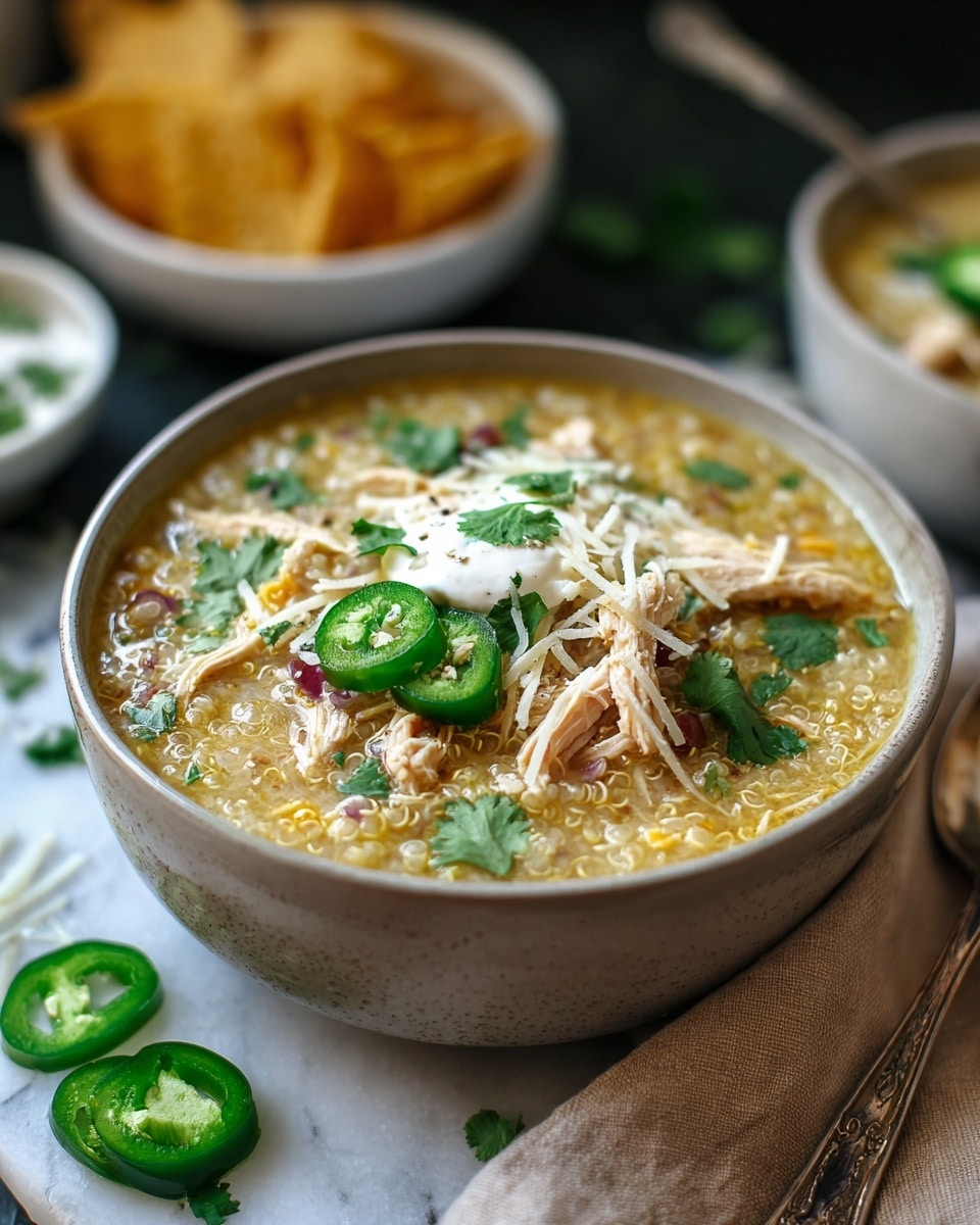 The image shows a close-up of a deep bowl filled with a creamy chicken and quinoa soup. The soup has visible shredded chicken pieces and light yellow quinoa grains in a pale yellow broth. On the surface, there are garnishes of bright green cilantro leaves, thin white shredded cheese, small dollops of white sour cream, and sliced green jalapeños placed slightly off center. The bowl is placed on a white marbled surface, with a few slices of fresh jalapeño scattered around the front. In the blurred background, there are two white bowls, one filled with pale yellow tortilla chips and the other with a white creamy dip sprinkled with green herbs. A silver spoon and a light brown cloth napkin are placed near the bowl on the right side. Photo taken with an iphone --ar 4:5 --v 7