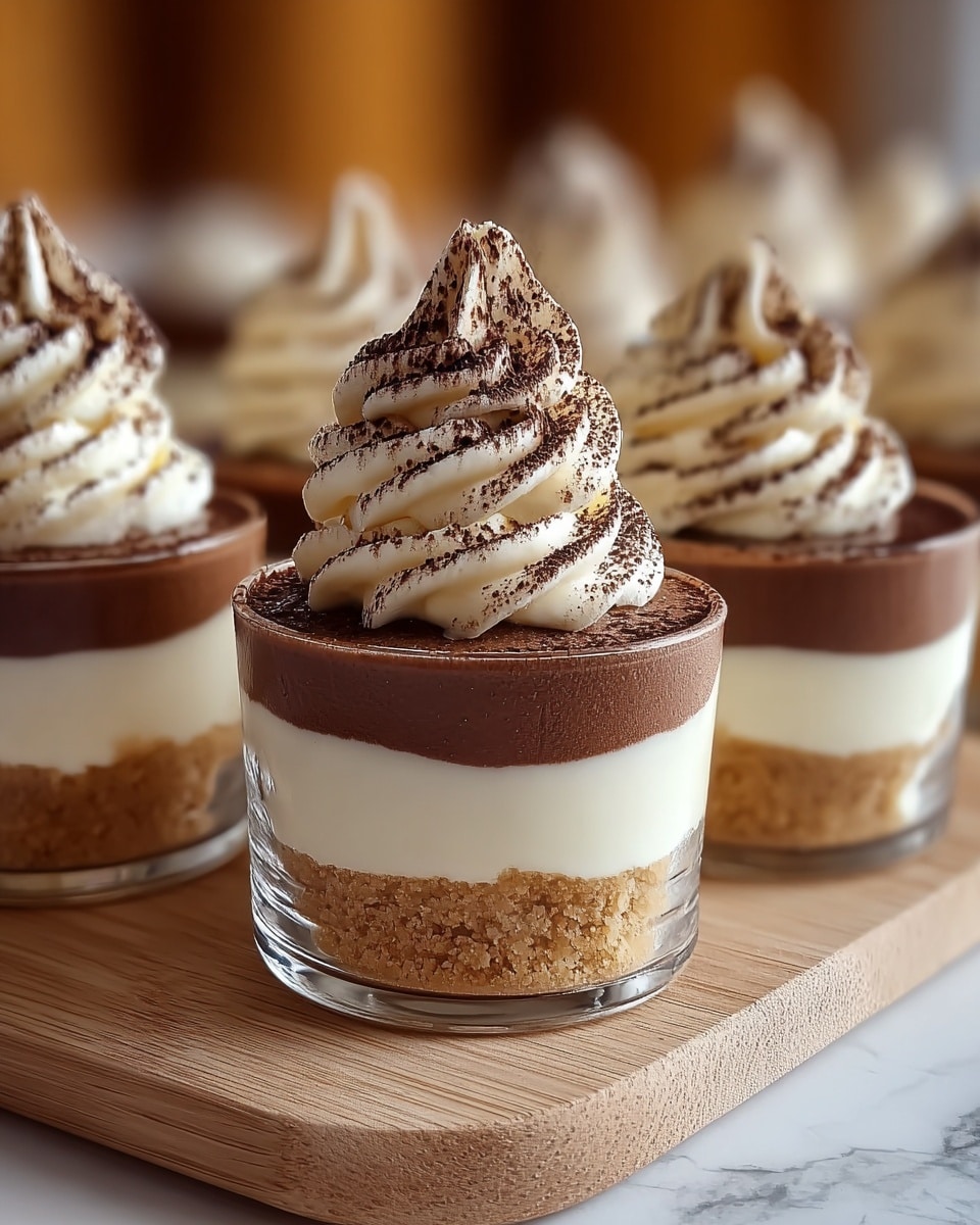 The image shows a close view of several small dessert glasses arranged on a wooden board over a white marbled surface. Each glass has four visible layers: a bottom layer of light brown crumbly crust, a thick middle layer of smooth white cream, a thinner dark brown chocolate layer on top of the cream, and a tall swirl of light cream decorated with a dusting of dark cocoa powder at the peak. The texture of the cream swirl is soft and fluffy, with clear lines from the piping. The background is softly blurred with warm tones. photo taken with an iphone --ar 4:5 --v 7