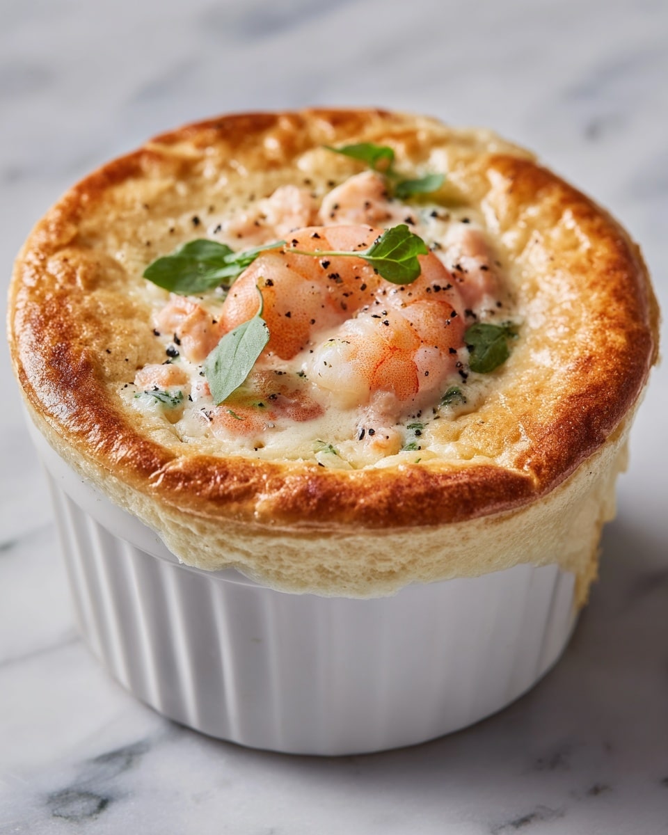 A white ceramic ramekin filled with a creamy shrimp soufflé. The dish has a golden brown, puffed-up top layer with a light and airy texture. Underneath, there is a thick, creamy sauce filled with whole pink shrimp pieces, visible through the slightly cracked top. The center is garnished with small green herb leaves and a sprinkle of black pepper. The ramekin is set on a surface with a white marbled texture. photo taken with an iphone --ar 4:5 --v 7