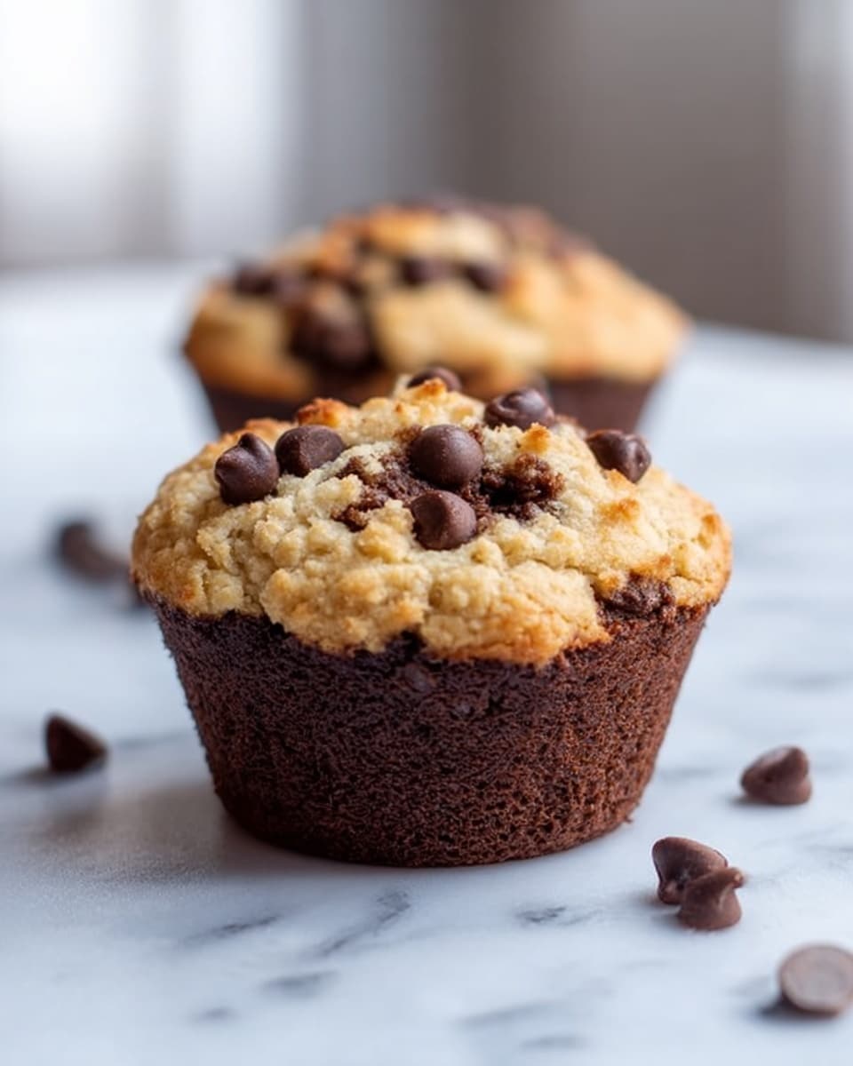 The image shows two muffins placed on a white marbled surface, with more focus on the front muffin. The muffin has two main layers: the bottom layer is a dark brown chocolate base with a smooth texture and visible chocolate chips embedded inside, while the top layer is a light golden-brown crumbly cookie dough with a rough texture and scattered dark chocolate chips. Around the muffins, several chocolate chips are scattered on the surface, enhancing the chocolate theme. The background is softly blurred, with a white marbled texture visible under the muffins. photo taken with an iphone --ar 4:5 --v 7