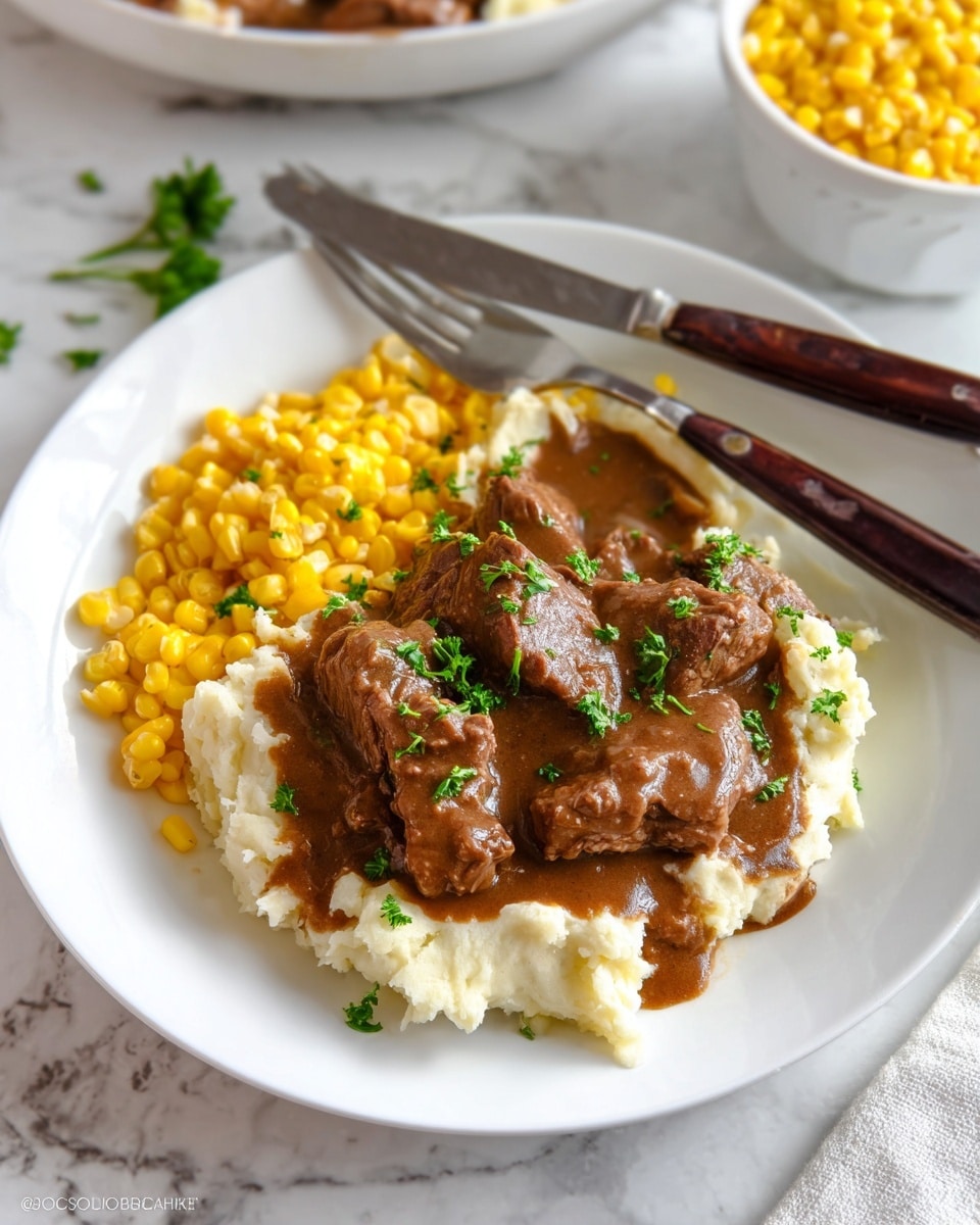A white plate holds a meal with three main layers: at the bottom is a creamy, white mashed potato layer spread across the plate, topped with a second layer of brown pieces of beef covered in thick brown gravy scattered unevenly. To one side of the plate, there is a portion of bright yellow cooked corn kernels. The dish is garnished with small green parsley leaves sprinkled over the beef and mashed potatoes. A dark-handled fork and knife rest on the edge of the plate. The setting features a white marbled surface underneath the plate, and in the background, there is a white bowl filled with more corn. photo taken with an iphone --ar 4:5 --v 7