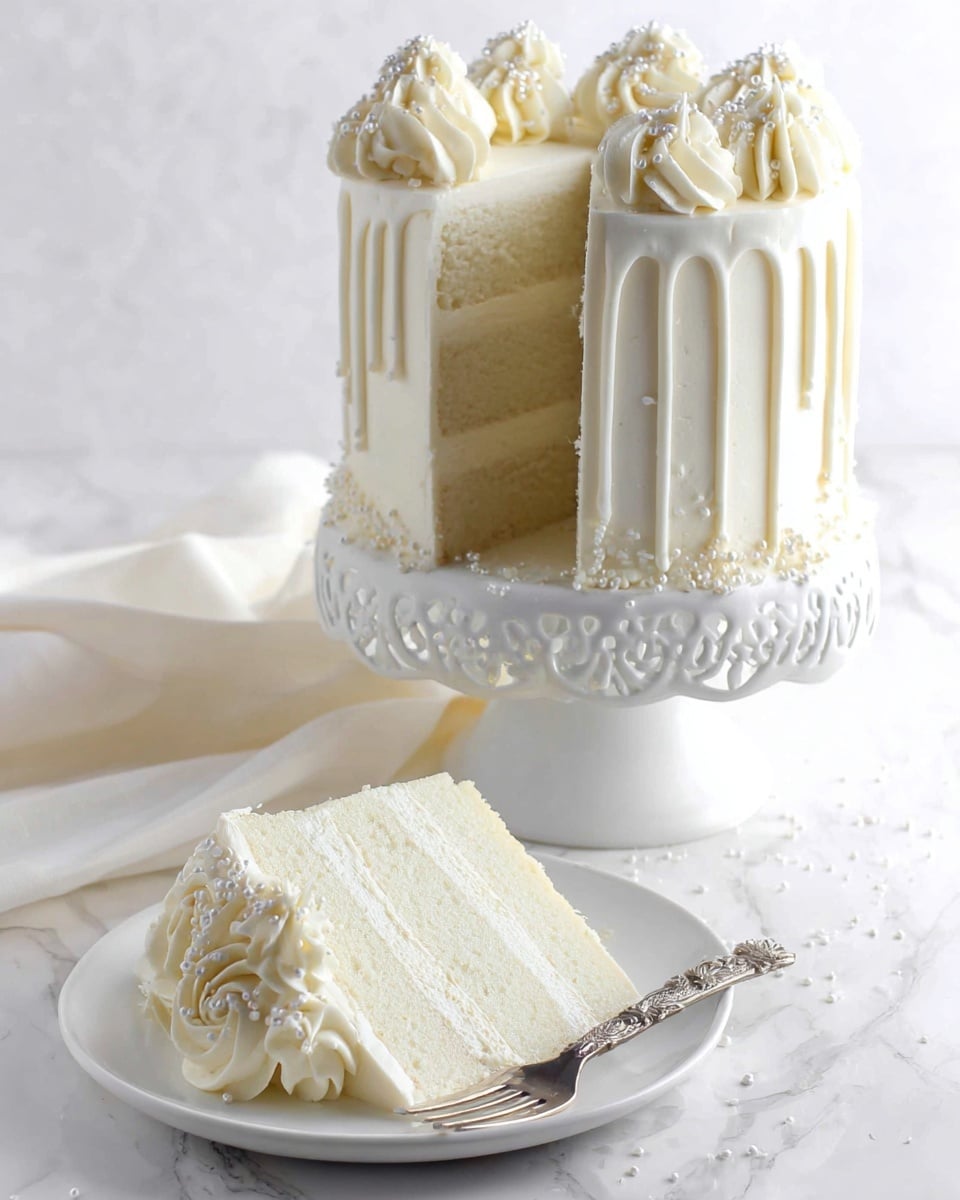 The image shows a tall, two-layer white cake on a white cake stand with a lace-like edge, placed on a white marbled surface. The cake has smooth white frosting with a drip effect coming down the sides and is decorated with swirls of white cream with white sprinkles on top. One slice is cut out and placed on a white plate in the foreground, showing the light and fluffy white cake inside with a thick layer of white frosting between the cake layers. The slice is decorated on the side with a swirl of white frosting and white sprinkles, and a silver fork is on the plate. The overall scene has a clean, bright look with soft lighting. photo taken with an iphone --ar 4:5 --v 7