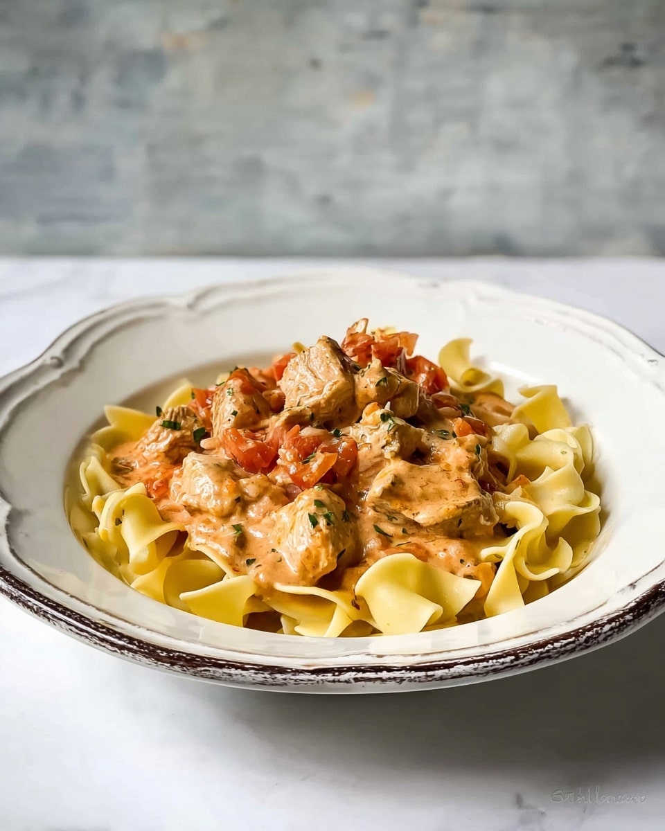 A white round plate with a slightly scalloped edge and dark worn trim is filled with a two-layer dish. The bottom layer is a bed of soft, wide egg noodles in a pale yellow color with a smooth, slightly curled texture. The top layer is a creamy, light reddish-brown sauce that coats medium-sized chunks of chicken and small pieces of cooked tomato, giving a rich and hearty look. The sauce appears slightly thick with bits of herbs scattered throughout, adding small green specks for contrast. The plate is set on a white marbled surface with a light gray, textured wall in the background. photo taken with an iphone --ar 4:5 --v 7