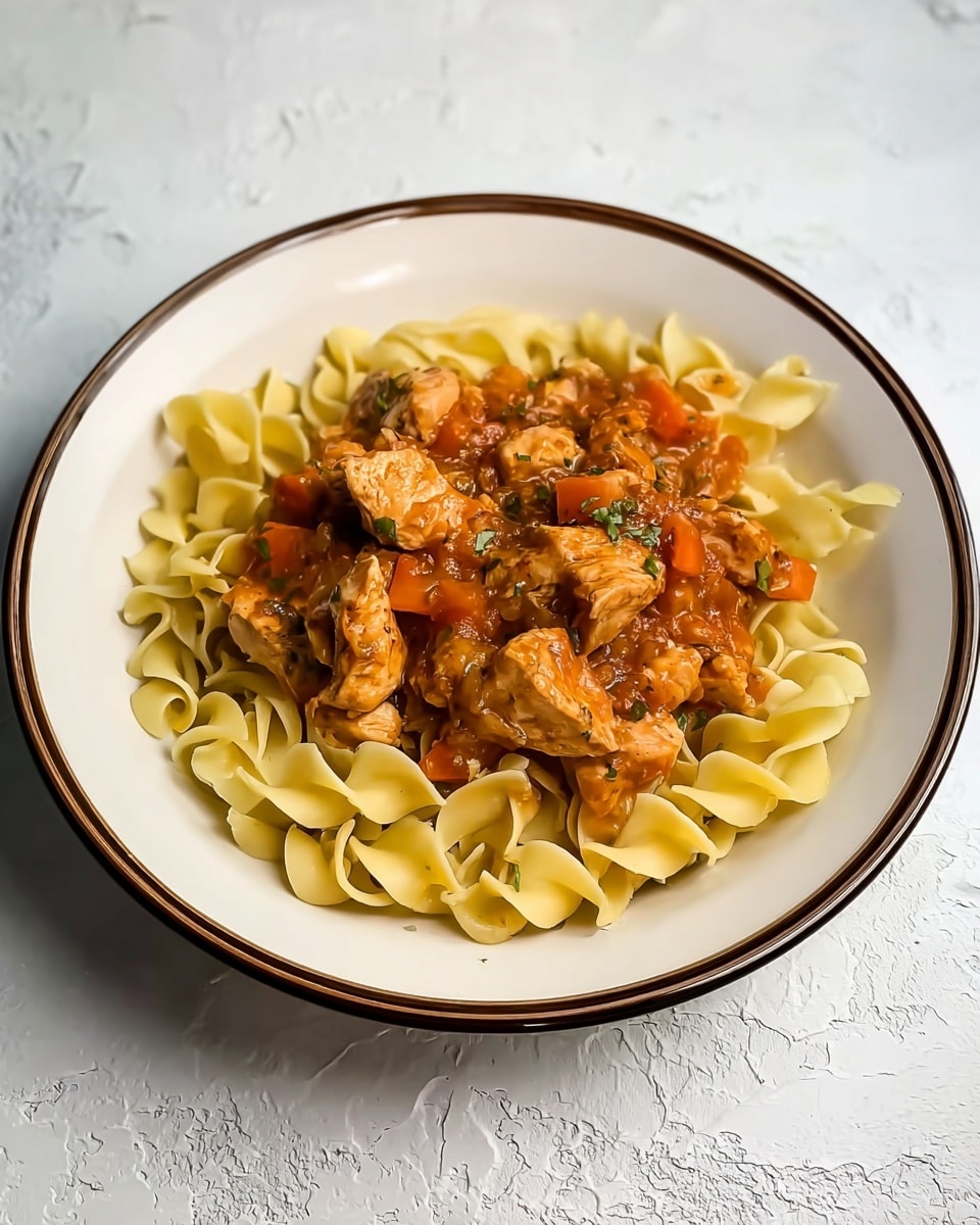The dish shows a white plate with a dark brown rim, filled with two main layers. The bottom layer has light yellow, curly egg noodles shaped like ribbons. On top, there is a thick layer of chunky chicken pieces in a reddish-brown sauce mixed with small orange carrot cubes and bits of onion, giving it a slightly rough texture. The sauce has an oily shine and some small green herb pieces sprinkled in. The plate sits on a white marbled surface with a soft textured pattern. photo taken with an iphone --ar 4:5 --v 7