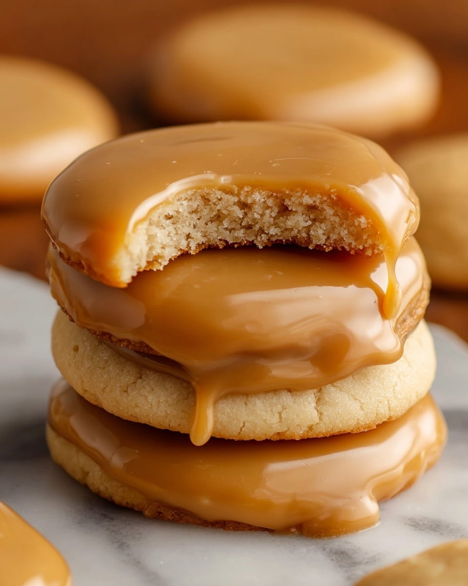 A stack of three round cookies with a smooth, glossy caramel-colored glaze on top of each one is shown, set on a white marbled surface. The top cookie has a bite taken out, revealing a soft, crumbly light beige inside. The cookies have a slight thickness and golden edges, and the glaze drips gently over the sides. Additional glazed cookies are blurred in the background. Photo taken with an iphone --ar 4:5 --v 7