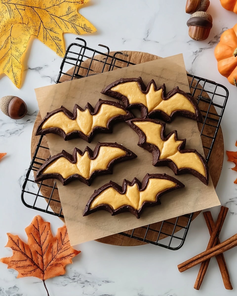Five bat-shaped pastries are placed on brown parchment paper over a black cooling rack, which is set on a round wooden board. Each pastry has a golden brown, shiny top layer that looks crispy with smooth edges, while the bottom layer is darker, giving a nice contrast. The background is a white marbled surface with scattered autumn leaves in orange and yellow, cinnamon sticks, and a chestnut, creating a warm seasonal feel. photo taken with an iphone --ar 4:5 --v 7
