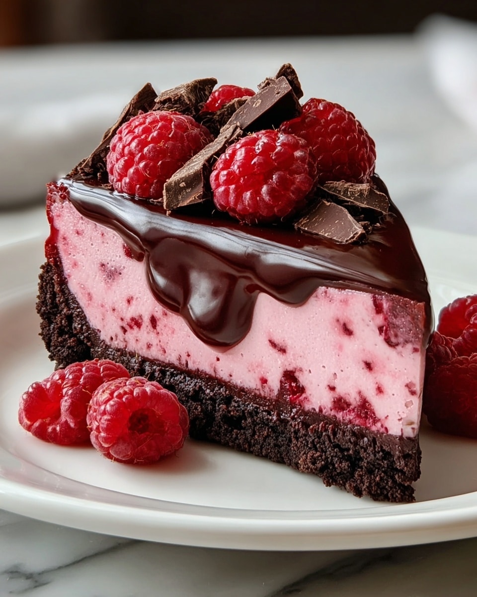 A slice of dessert with three main layers sits on a white plate on a white marbled surface. The bottom layer is crumbly and dark brown, like a chocolate cookie crust. The middle layer is thick, smooth, and creamy with a bright pink color, dotted with small bits of fruit. The top layer is a shiny, dark chocolate glaze that drips slightly down the sides of the pink layer. On top, there is a pile of fresh red raspberries and dark chocolate chunks arranged loosely, adding a fresh and rich texture contrast. photo taken with an iphone --ar 4:5 --v 7