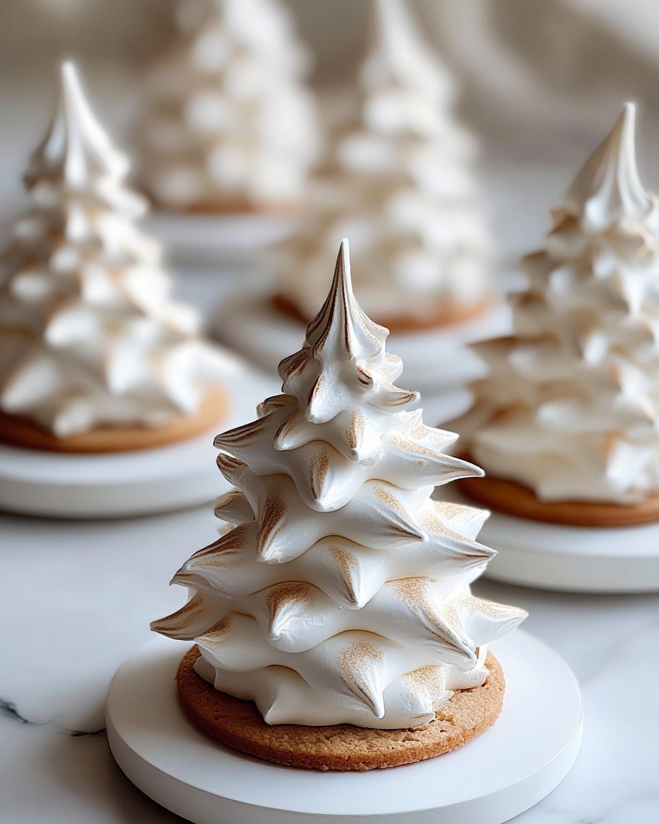 The image shows several small desserts shaped like Christmas trees, each with five visible layers of ruffled, white meringue with smooth, slightly curved edges. The meringue layers get smaller as they go up, ending in a pointed tip. Each tree sits on a round, light brown cookie base that is smooth and slightly textured. The desserts are placed on round white plates, set on a white marbled surface, with a blurred background showing more of the same desserts. The lighting is soft, highlighting the delicate texture and clean white color of the meringue. photo taken with an iphone --ar 4:5 --v 7
