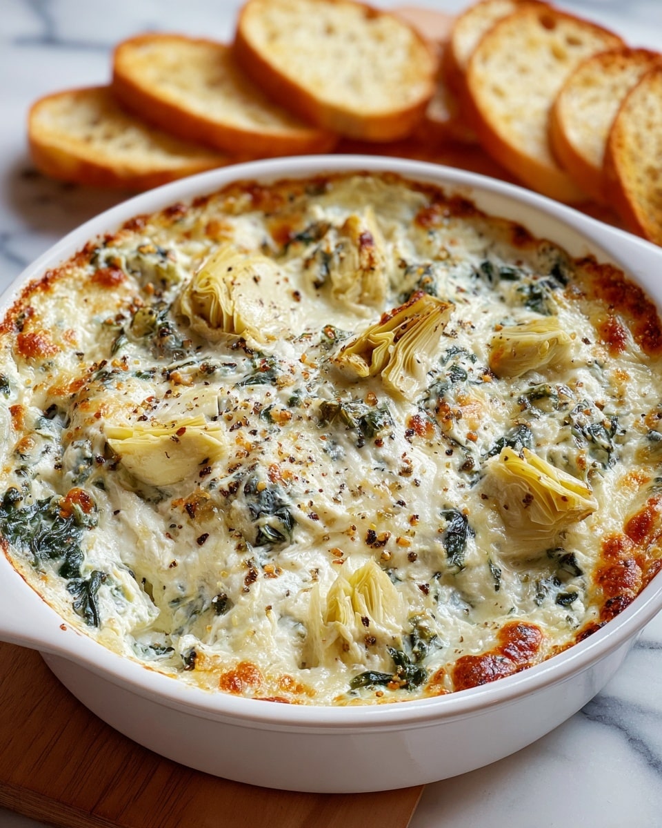 A white round baking dish filled with a creamy baked dip that has a golden brown top with some slightly darkened edges. The dip has visible layers of melted cheese spread evenly, mixed with wilted green spinach leaves and artichoke hearts sliced into small wedges placed on top. The surface shows a mix of creamy white cheese with patches of browned, bubbling cheese and a sprinkle of black pepper. In the background, there are slices of toasted bread with a light golden crust resting on a white marbled surface. Photo taken with an iphone --ar 4:5 --v 7