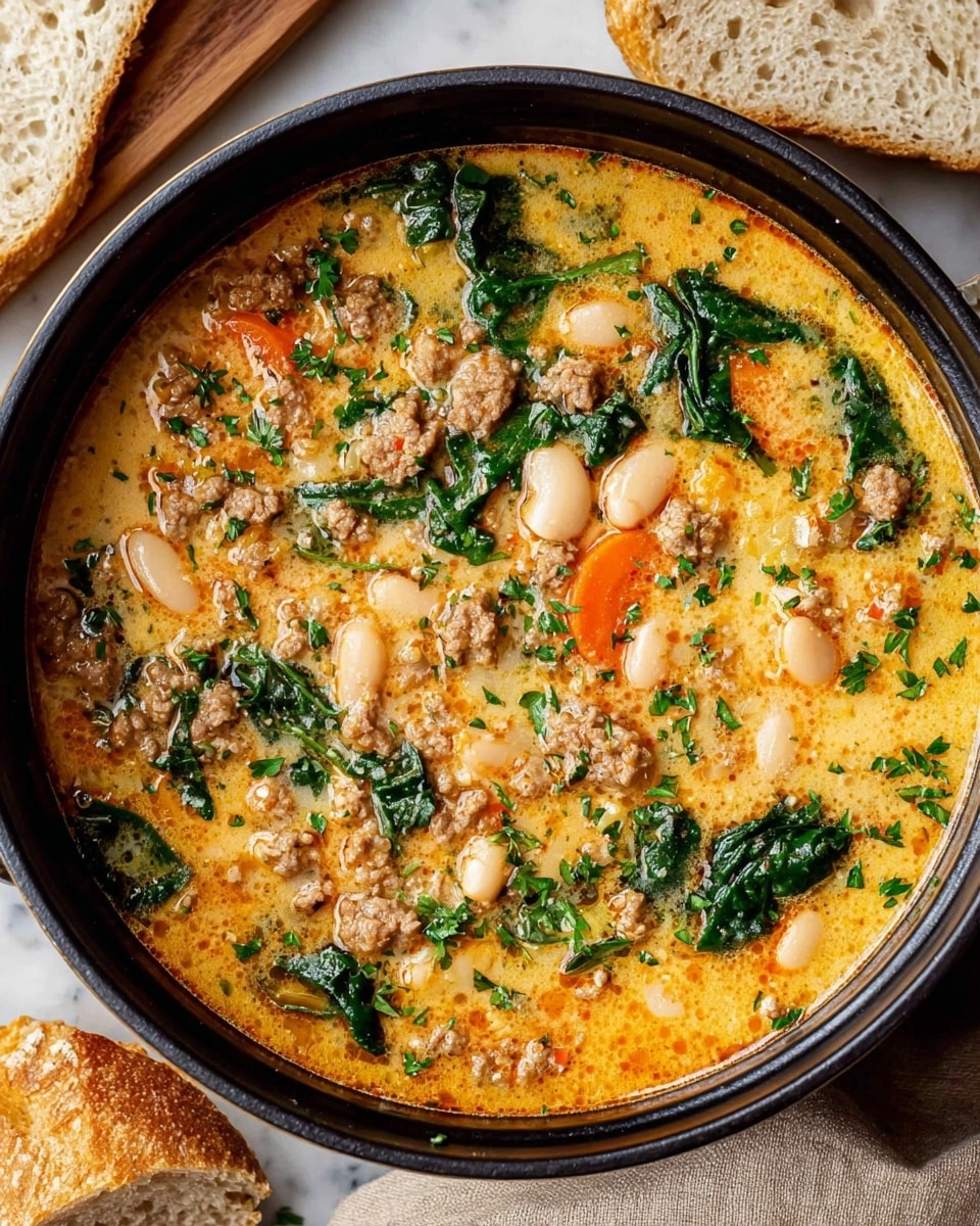 A close-up top view of a round black pot filled with creamy soup showing three main layers: an orange-yellow broth base with a slightly oily texture, scattered with small chunks of cooked ground meat giving a crumbly texture; soft white beans spread evenly; bright green leafy spinach pieces and thin slices of orange carrot floating on the surface. The soup is sprinkled with finely chopped fresh green herbs, adding bright dots of color. The pot is placed on a white marbled surface with pieces of crusty sliced bread nearby, and a beige cloth partially under the pot. Photo taken with an iphone --ar 4:5 --v 7