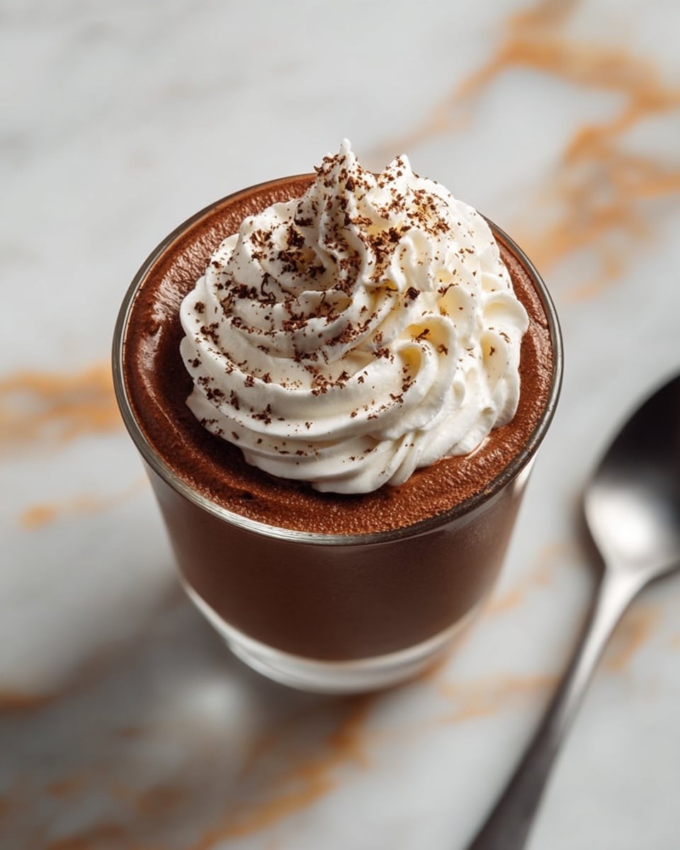 The image shows a glass filled with a rich, smooth chocolate mousse as the first dark brown layer. On top, there is a thick, white whipped cream layer with soft, swirled peaks, sprinkled with a dusting of cocoa powder, adding a speckled texture to the cream. The glass is placed on a white marbled surface with light brown veining, and a metal spoon is partially visible to the right side of the glass. photo taken with an iphone --ar 4:5 --v 7