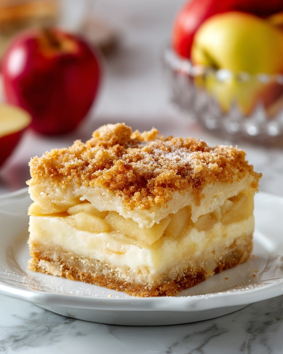 A thick square piece of apple dessert sits centered on a white plate with a gently curved edge. The dessert shows three clear layers: a crunchy golden-brown crumbly top layer sprinkled with sugar, a creamy pale yellow middle layer with visible soft apple slices, and a dense, moist light brown bottom layer with a slightly grainy texture. The edges of the dessert are uneven and crumbly, suggesting a homemade texture. In the blurred background, red and yellow apples and a glass bowl with apples add a fresh, colorful touch. The plate rests on a white marbled surface. photo taken with an iphone --ar 4:5 --v 7