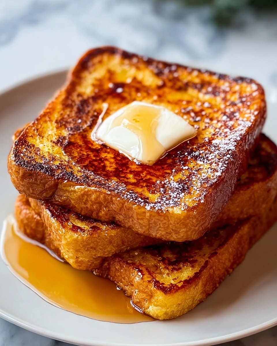 Two thick slices of French toast are stacked on a white plate, each slice golden brown with a slightly crispy and caramelized texture. The top slice has a dollop of melting butter in the center and is glistening with syrup dripping down the sides, pooling slightly at the bottom on the plate. The edges of the toast are well toasted with a crunchy appearance, while the inside looks soft and moist. The background is a white marbled texture. photo taken with an iphone --ar 4:5 --v 7