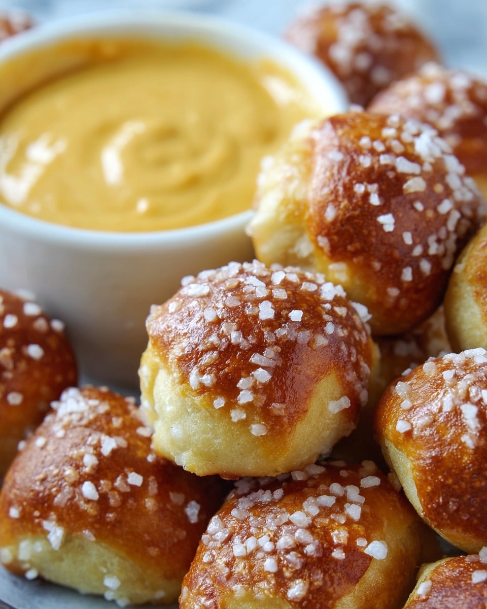 A close-up of small, round pretzel bites with a golden-brown top layer covered in coarse salt crystals, showing a soft, light yellow dough base beneath the crust. The pretzel bites are piled close together in a shallow area, with a white bowl filled with a smooth, creamy mustard-yellow cheese sauce slightly blurred in the background. All items sit on a white marbled surface. photo taken with an iphone --ar 4:5 --v 7