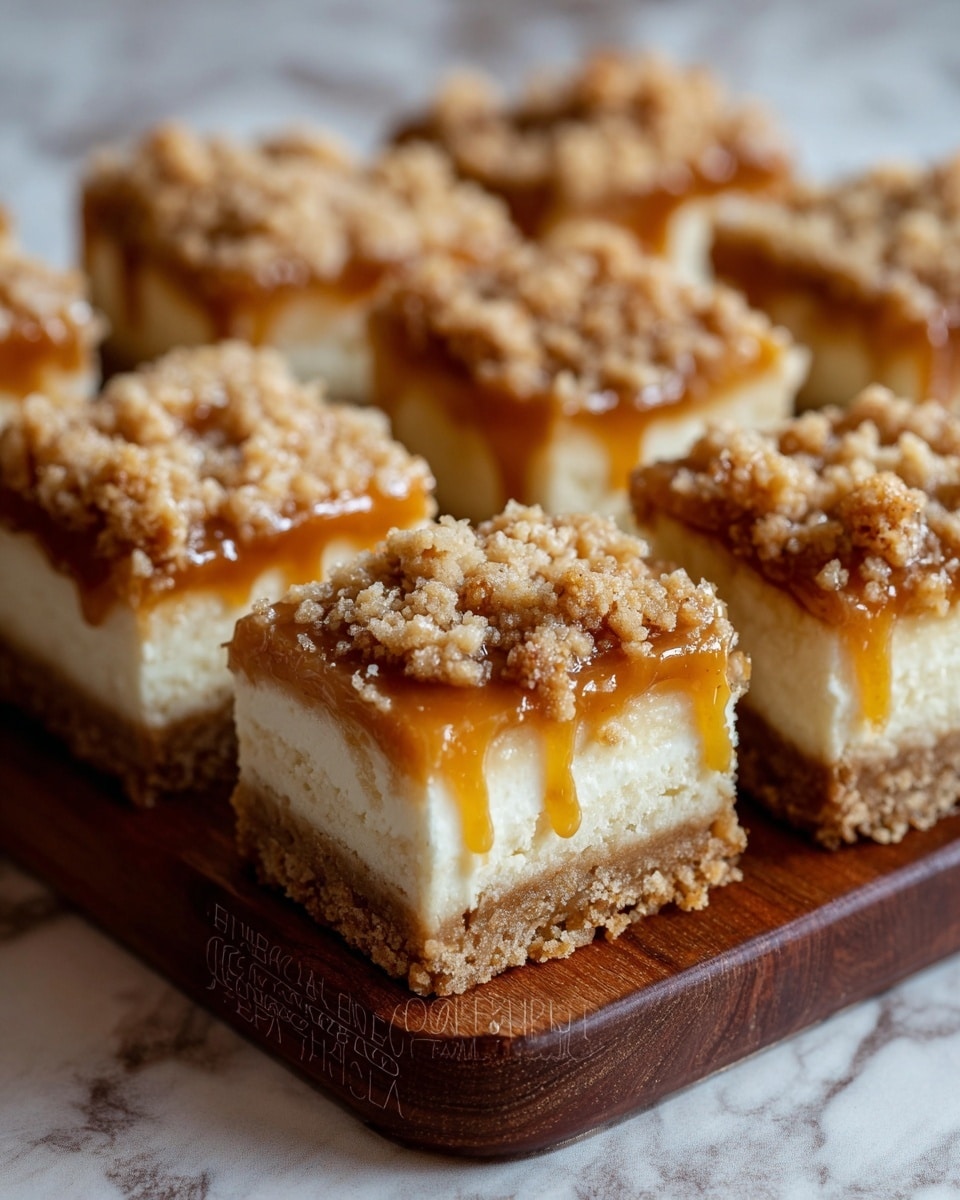 The image shows six square dessert bars arranged in two rows of three on a dark wooden board. Each bar has three visible layers: a light brown crumbly base, a thick middle layer of creamy white filling, and a glossy golden caramel layer on top that drips slightly down the sides. The top layer is covered with a crumbly streusel topping in a mix of light and medium browns, creating a rough texture. The caramel glaze creates a shiny, sticky look between the layers and around the bars. The wooden board rests on a white marbled texture surface with a soft, blurred background. photo taken with an iphone --ar 4:5 --v 7