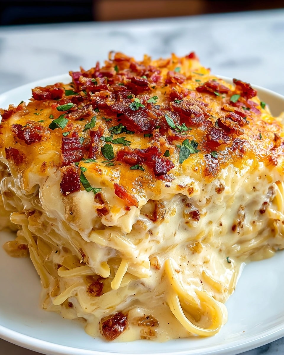 This image shows a close-up of a creamy baked pasta dish on a white plate. The dish has three visible layers: the bottom layer is cooked spaghetti noodles with a light golden sauce, the middle layer is thick, creamy cheese mixed with small bits of meat, and the top layer is golden melted cheese sprinkled with crispy bacon pieces and small green herb leaves. The cheese looks rich and slightly browned, covering the pasta in a gooey texture with some crispy bits on top. The white plate sits on a white marbled surface. photo taken with an iphone --ar 4:5 --v 7