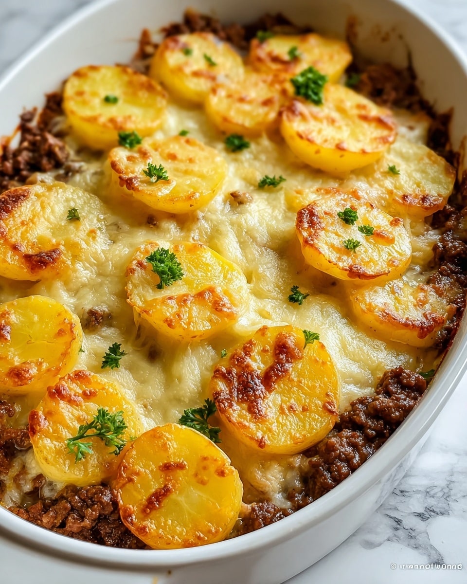 The image shows a white oval baking dish filled with a layered dish. The bottom layer consists of cooked ground meat, dark brown and crumbly, spread evenly across the dish. On top of the meat are round, thick slices of golden-yellow potatoes with slightly browned edges. The entire top is covered with melted cheese that is creamy yellow with some golden-brown spots, giving a bubbly and slightly crispy look. Small green parsley leaves are sprinkled over the cheese for color. The dish is placed on a white marbled surface, highlighting the warm colors of the cooked food. photo taken with an iphone --ar 4:5 --v 7