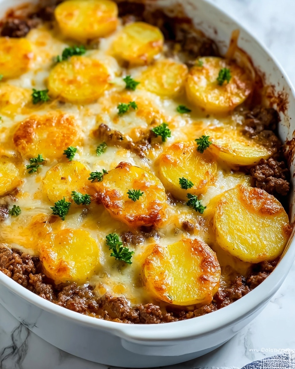 The dish is a baked casserole in a white oval dish sitting on a white marbled surface, featuring multiple layers visible from the top. The base layer consists of browned ground meat with a slightly crumbly texture, topped generously with evenly spaced slices of yellow, soft cooked potatoes that are slightly browned on the edges. A smooth, melted cheese layer, golden and bubbly in spots, blankets the entire top, with touches of fresh green parsley leaves scattered lightly over it for color contrast. The edges of the dish show some browned and caramelized cheese, adding a rustic appeal. Photo taken with an iphone --ar 4:5 --v 7