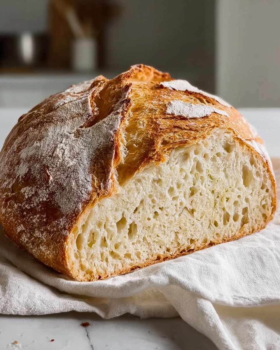 A close-up of a freshly baked loaf of bread resting on a white cloth, showing one half cut to reveal its soft, airy interior with large irregular holes and a light cream color. The crust is golden brown with a slightly cracked and flour-dusted surface that curls outward in places, adding texture and depth. The bread is set against a white marbled surface with a blurred kitchen background in neutral tones. Photo taken with an iphone --ar 4:5 --v 7