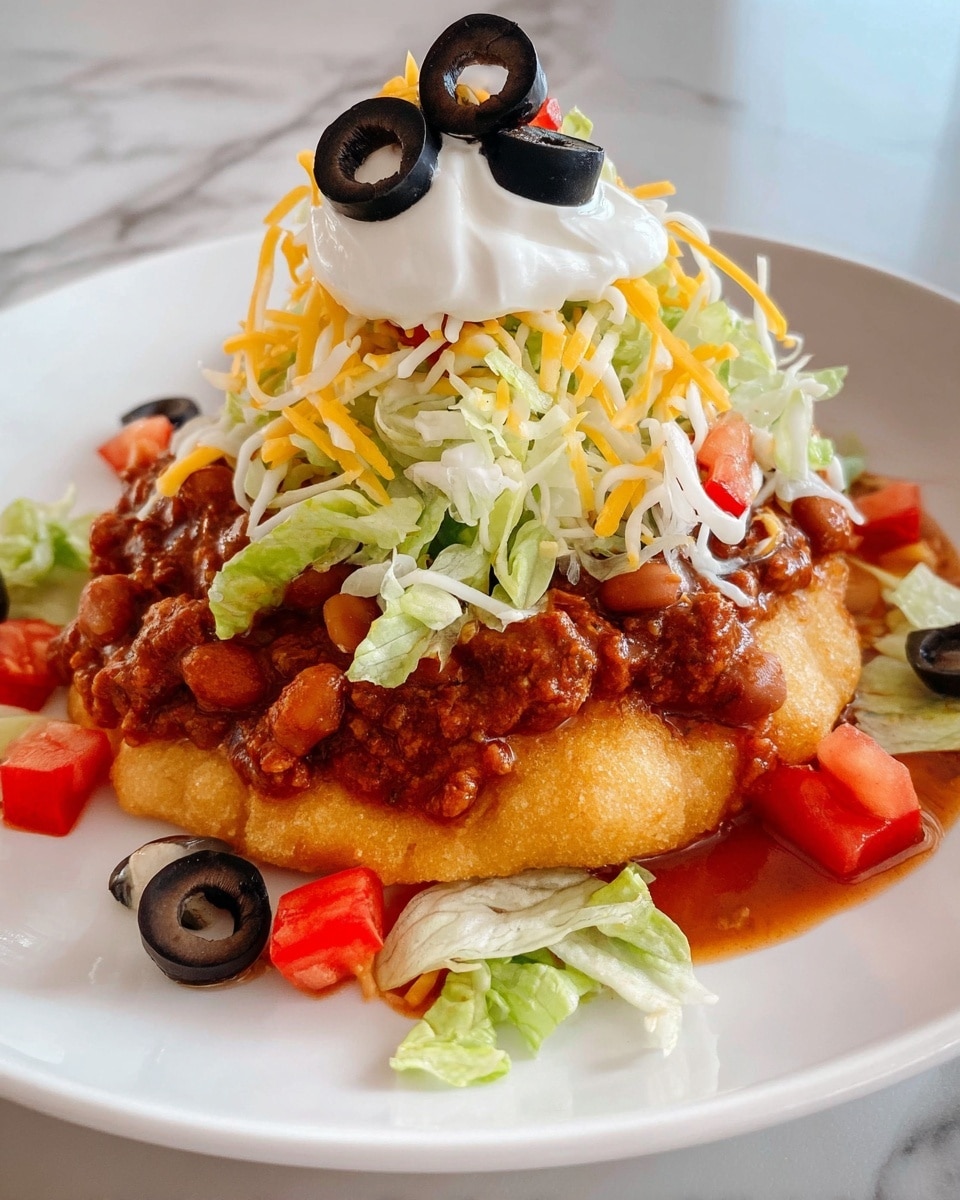 The dish shows a white plate with a base layer of golden fried bread topped with a thick layer of reddish-brown seasoned ground meat and beans in sauce. On top, there is a mound of shredded yellow and white cheese mixed with shredded light green lettuce. Small red tomato chunks are scattered on and around the cheese and lettuce. The dish is finished with a dollop of white sour cream topped with sliced black olives, with some olives and lettuce leaves placed around the plate. The plate sits on a white marbled surface. photo taken with an iphone --ar 4:5 --v 7