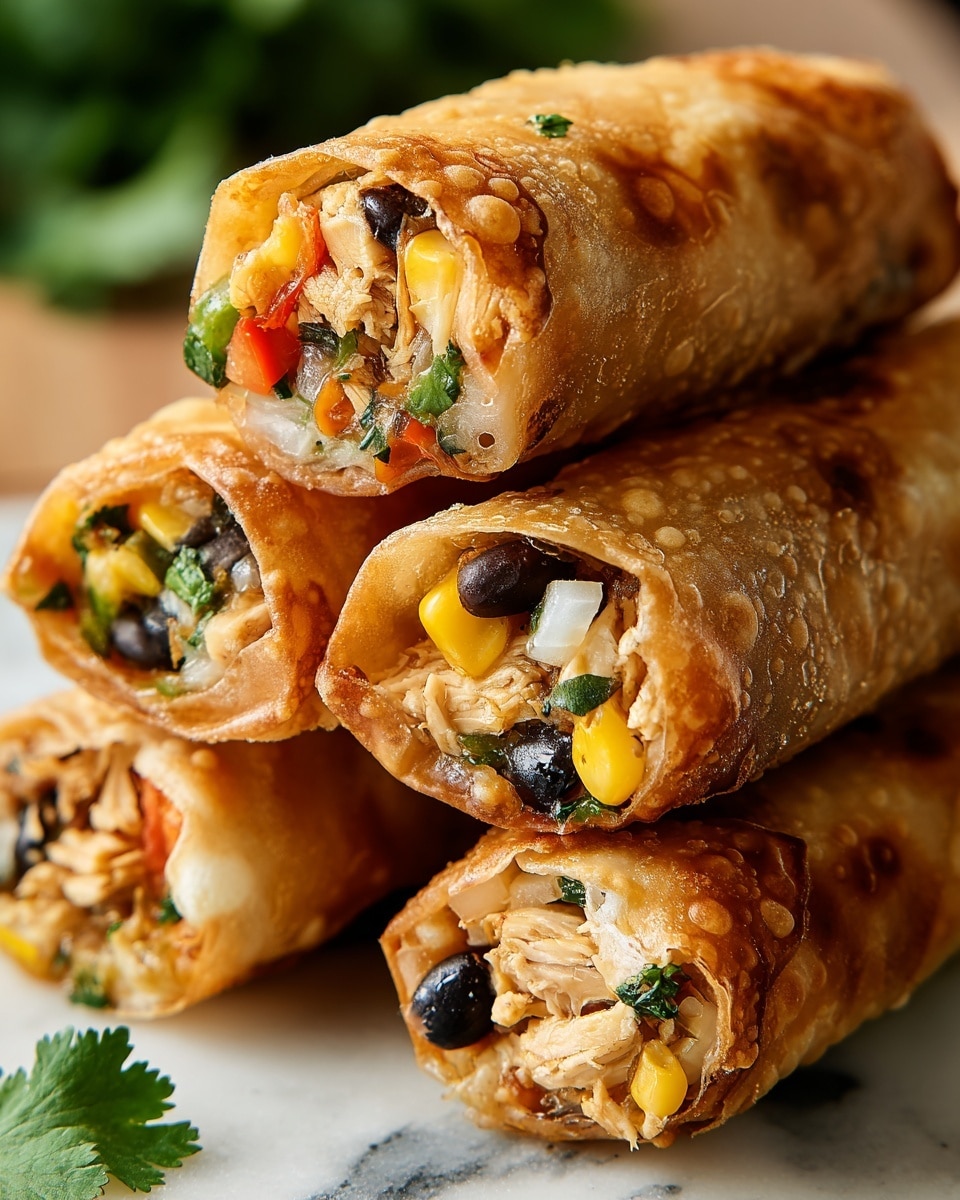 The image shows a close-up of four fried egg rolls stacked together on a white marbled surface. Each egg roll has a crispy golden-brown outer layer with a slightly bubbly texture. The interior is visible at the cut ends, revealing layers of colorful ingredients: light brown shredded chicken pieces, bright yellow corn kernels, dark black beans, finely chopped green herbs, white onion chunks, and small bits of red bell pepper. The rolls are neatly arranged with one roll on top and three at the bottom, creating a sense of depth. A small sprig of fresh green cilantro is placed near the rolls on the surface. photo taken with an iphone --ar 4:5 --v 7
